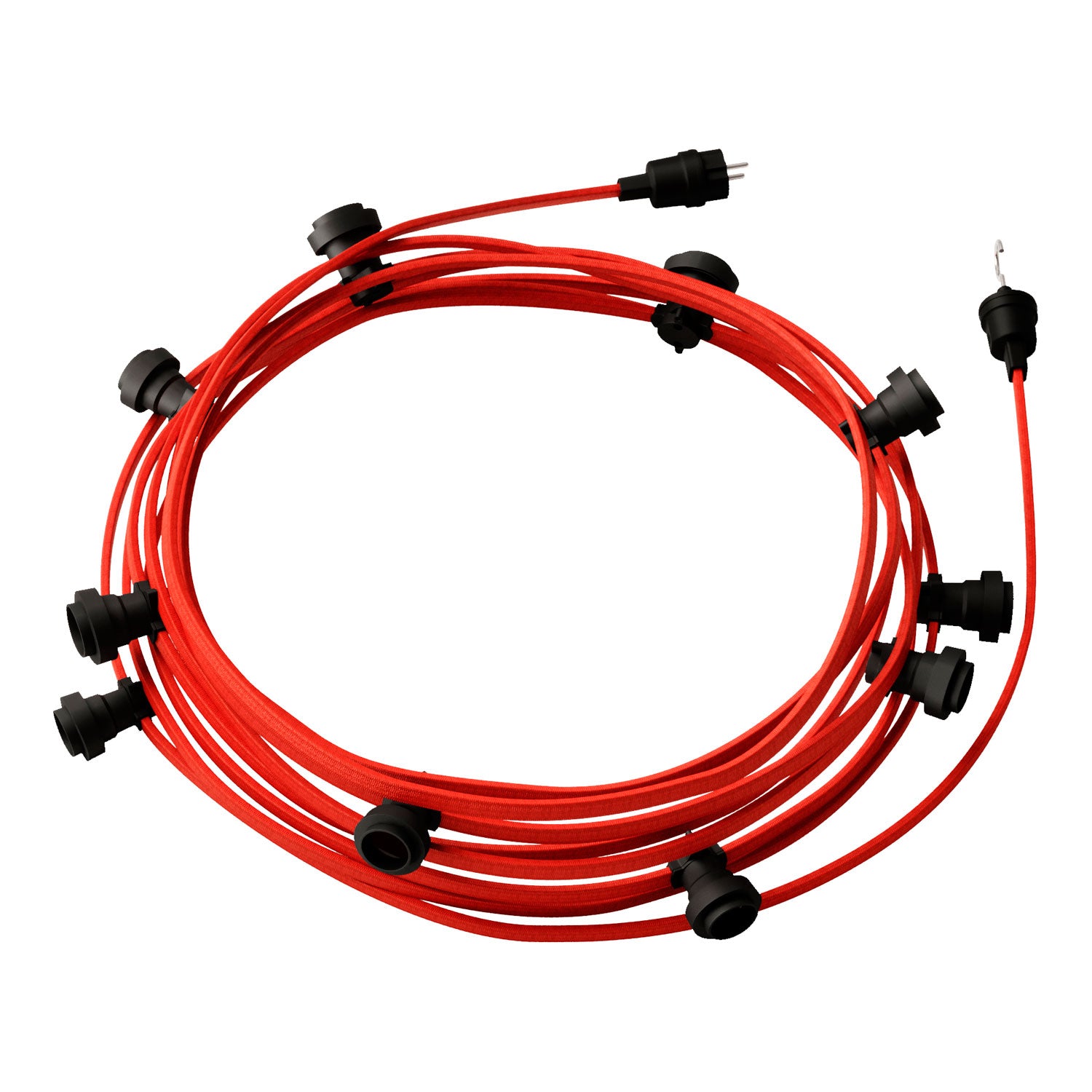 Catenaria Sistema Lumet da 12,5 m con cavo tessile CM09, 10 portalampada, gancio e spina neri