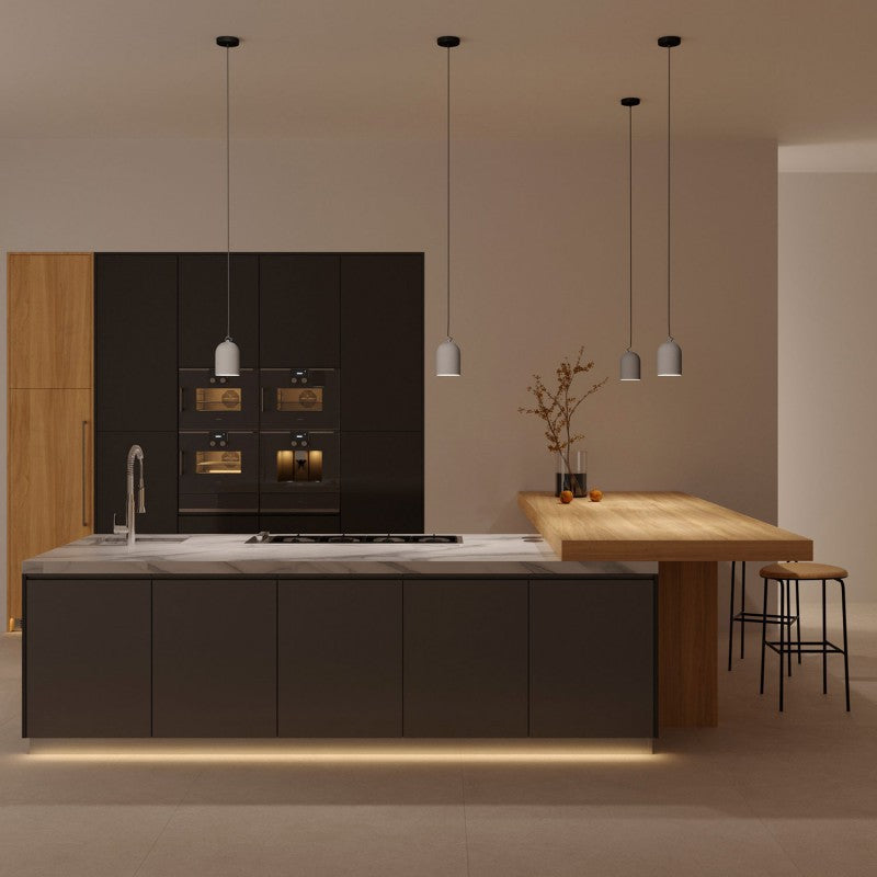 Lampada a sospensione completa di cavo tessile e paralume Mini Campana XS in ceramica - Effetto cemento