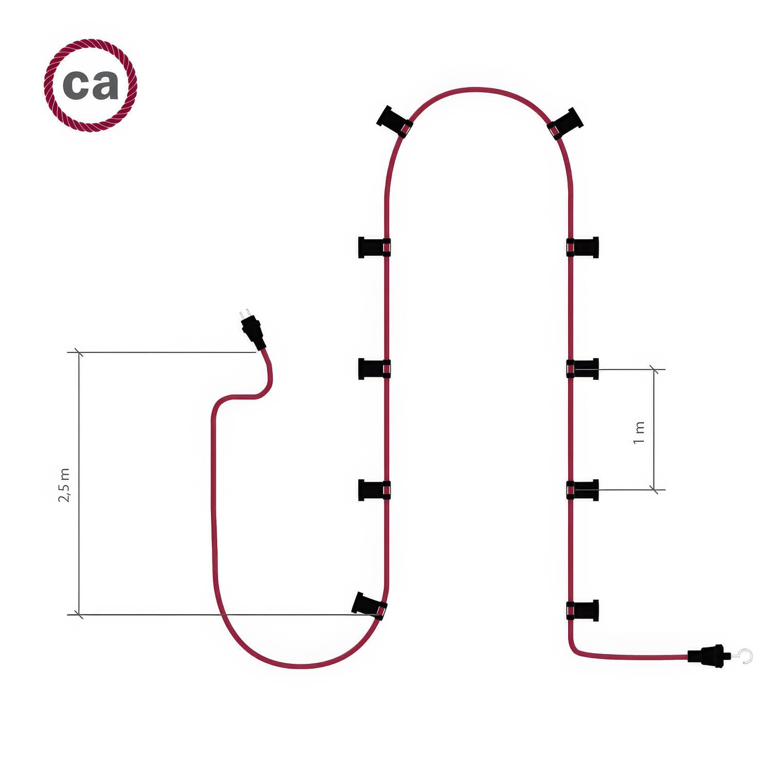 Catenaria Sistema Lumet da 12,5 m con cavo tessile CX08, 10 portalampada, gancio e spina bianchi