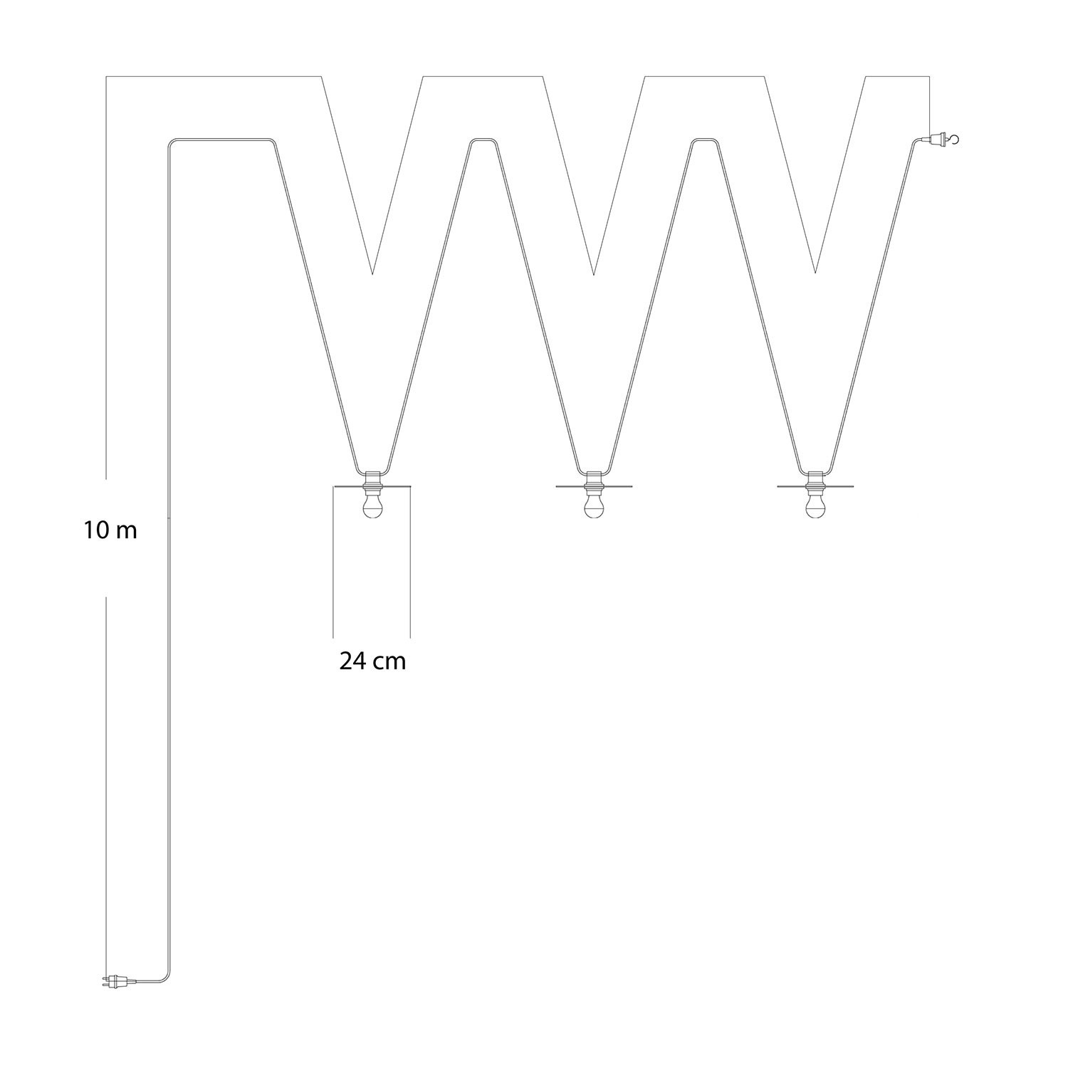 Lumet Maioliche - 10 meter lichtsnoer voor buiten met strijkijzersnoer, 3 fittingen en lampenkappen, haak en zwarte stekker