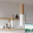 Hanglamp compleet met textielkabel en dubbele Tub-E14 houten en metalen afwerking - Made in Italy