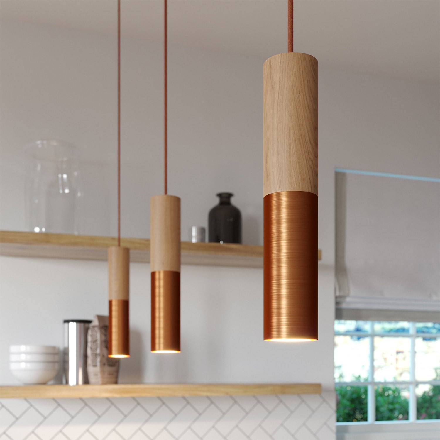 Hanglamp compleet met textielkabel en dubbele Tub-E14 houten en metalen afwerking - Made in Italy