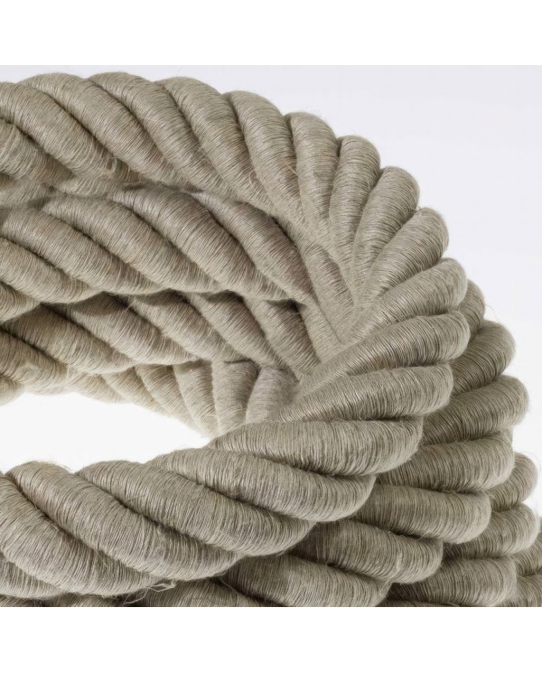 Electrische 3XL touwkabel, 3 x 0,75 mm. Binnenkabels bedekt met textiel en natuurlijk linnen. Diameter  30 mm.