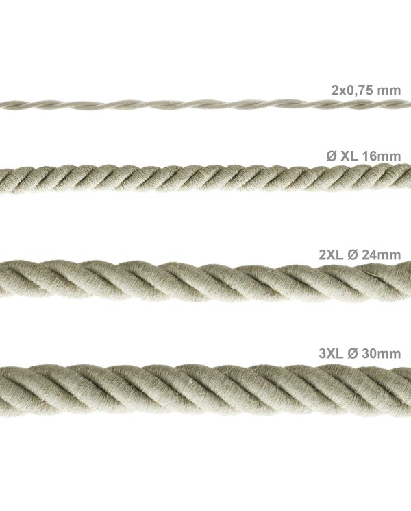Electrische 3XL touwkabel, 3 x 0,75 mm. Binnenkabels bedekt met textiel en natuurlijk linnen. Diameter  30 mm.