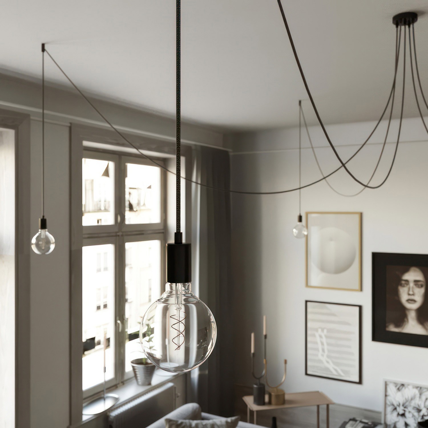 Spider - Hanglamp met 5 vallen. Gemaakt in Italië, compleet met lcihtbronnen, stoffen kabel en metalen afwerkingen