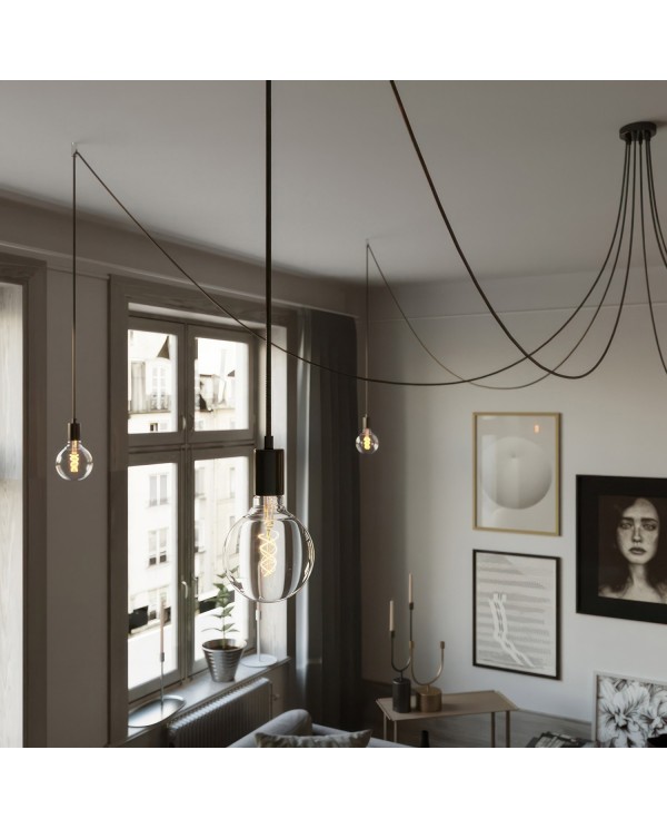 Spider - Hanglamp met 6 pendels Gemaakt in Italië, compleet met lichtbronnen, stoffen kabel en metalen afwerkingen