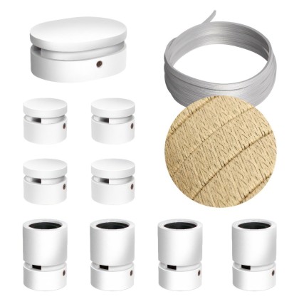 Kit Symmetric Filé system - avec câbles pour guirlande lumineuse de 5 mètres et 9 composants en bois verni blanc pour intérieur - CN06