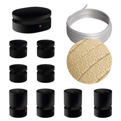Kit Symmetric Filé system - avec câbles pour guirlande lumineuse de 5 mètres et 9 composants en bois verni noir pour intérieur - CN06