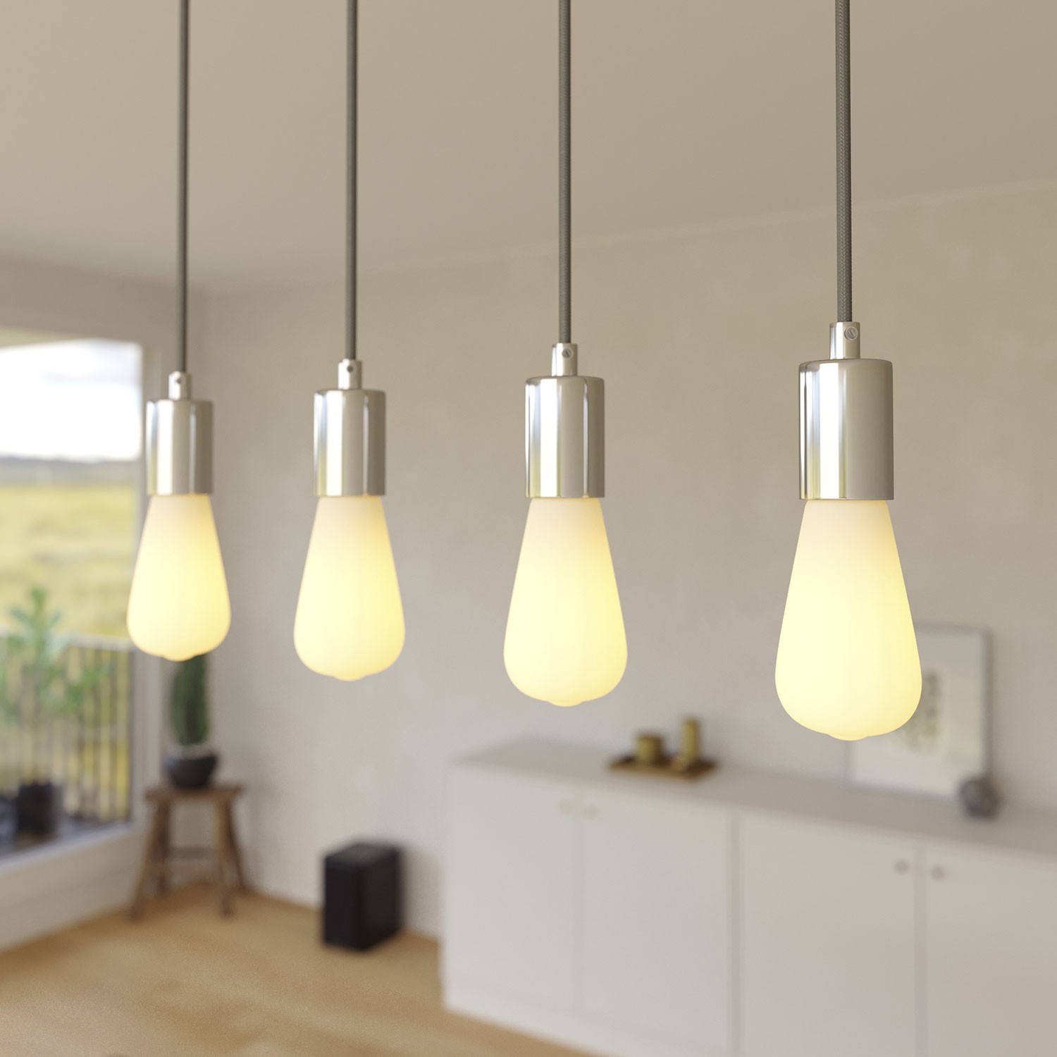 4 lichts-hanglamp voorzien van XXL rechthoekige Rose-One 675 mm compleet met strijkijzersnoer en metalen afwerking