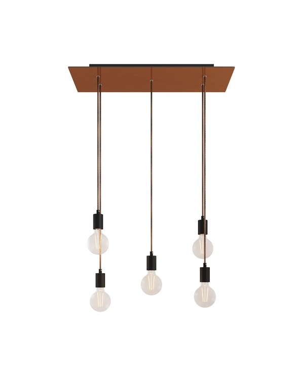 5 lichts-hanglamp voorzien van XXL rechthoekige Rose-One 675 mm compleet met strijkijzersnoer en metalen afwerking