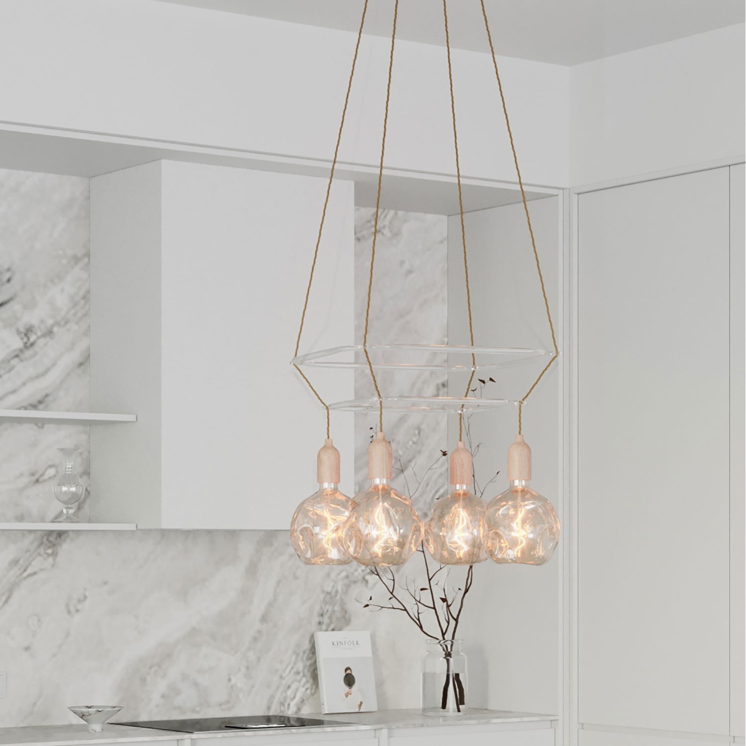 4 Pendels dubbele Cage incl. gedeukte Globe Lamp