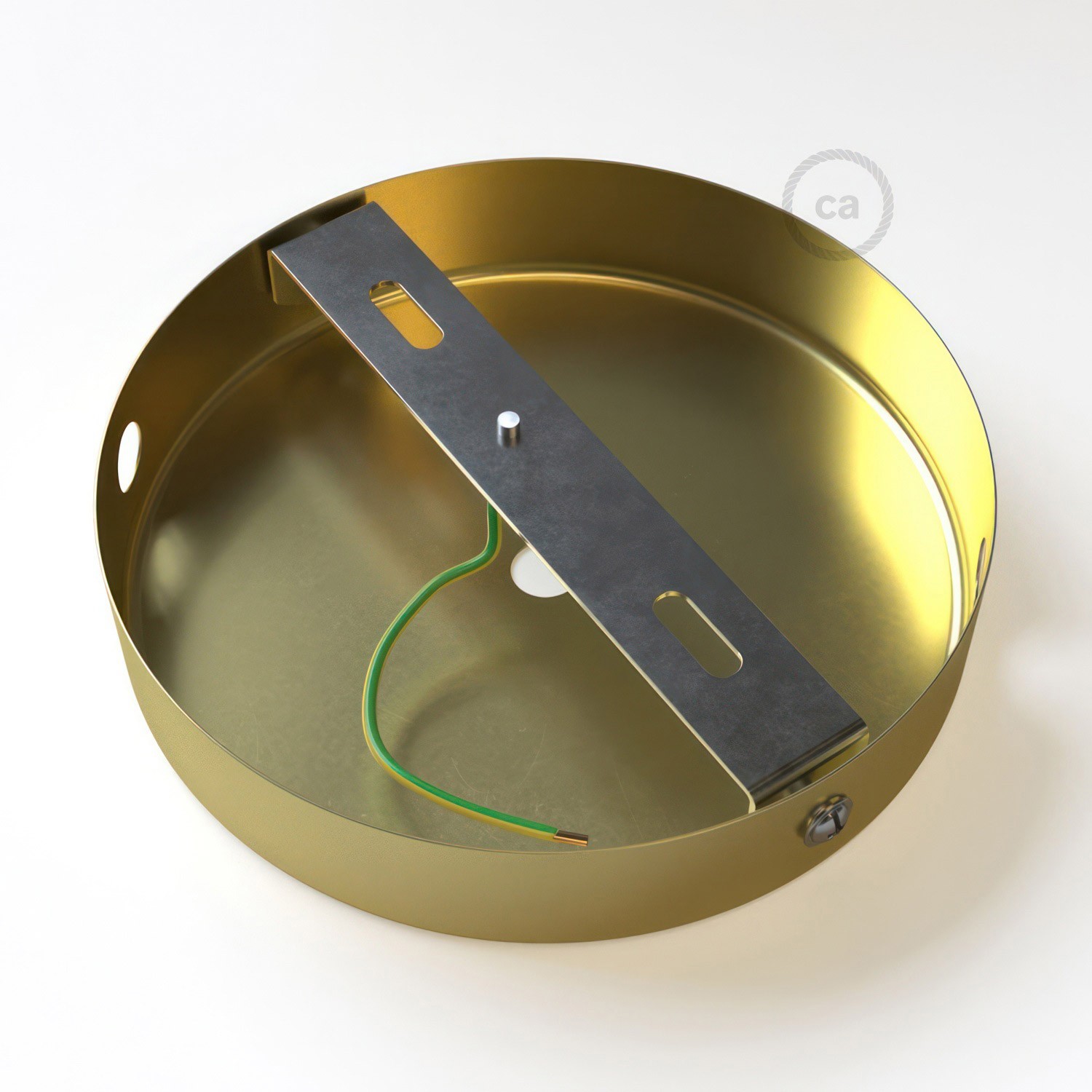 Strak design 120 mm. cilindrische metalen plafondkap met 1 centraal gat en 2 zijgaten en toebehoren