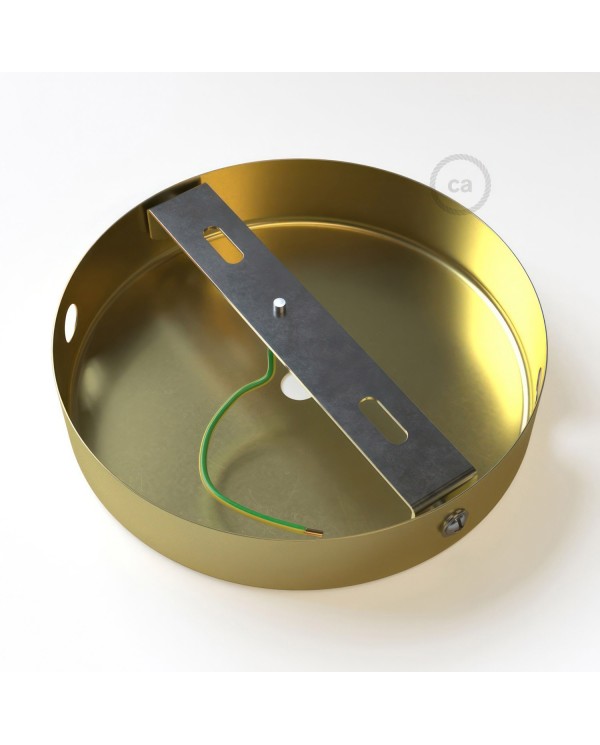 Strak design 120 mm. cilindrische metalen plafondkap met 1 centraal gat en 2 zijgaten en toebehoren