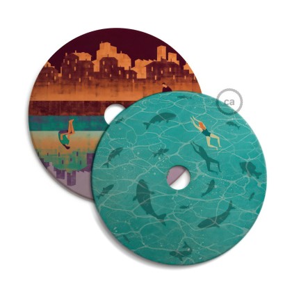 UFO omkeerbare houten lampenkap met illustratie van verschillende kunstenaars, dubbelzijdig, diameter 33 cm - Davide Bonazzi