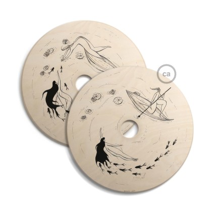 UFO omkeerbare houten lampenkap met illustratie van verschillende kunstenaars, dubbelzijdig, diameter 33 cm - Fernando Cobelo