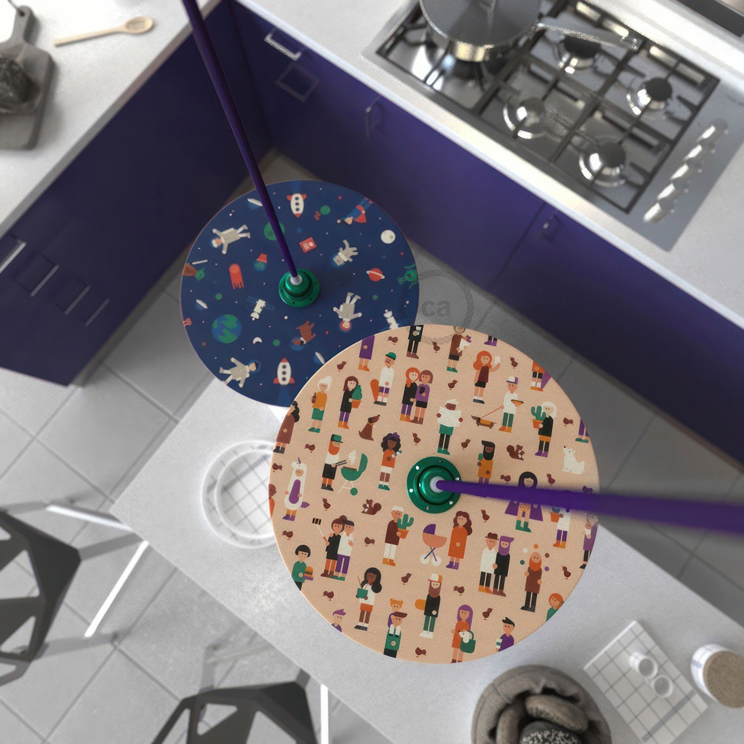 UFO omkeerbare houten lampenkap met illustratie van verschillende kunstenaars, dubbelzijdig, diameter 33 cm