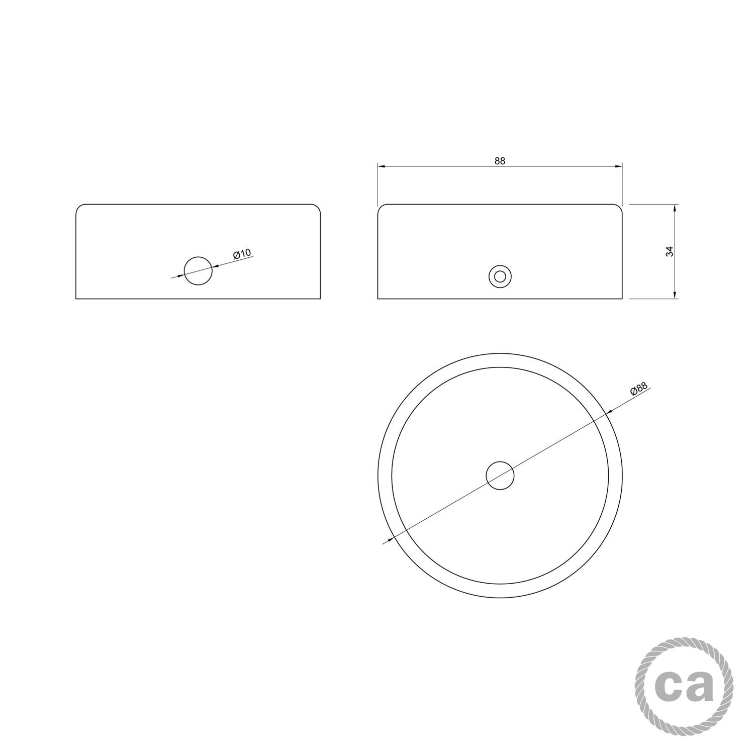 Kit mini houten cilindervormige plafondkap met 1 centraal gat en 2 zijdelingse gaten