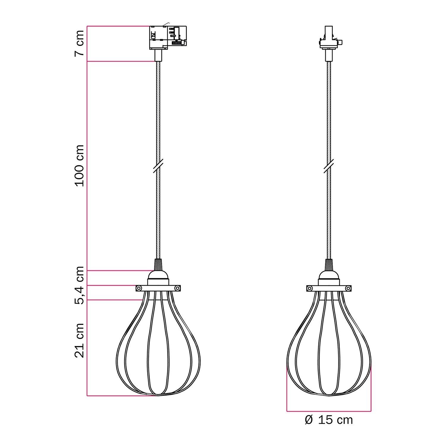 Ophanging met lampenkap Drop cage voor rails