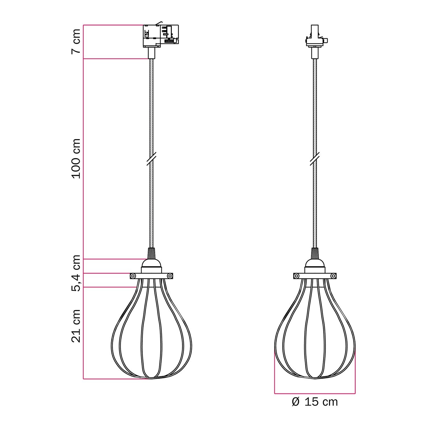 Ophanging met lampenkap Drop cage voor rails