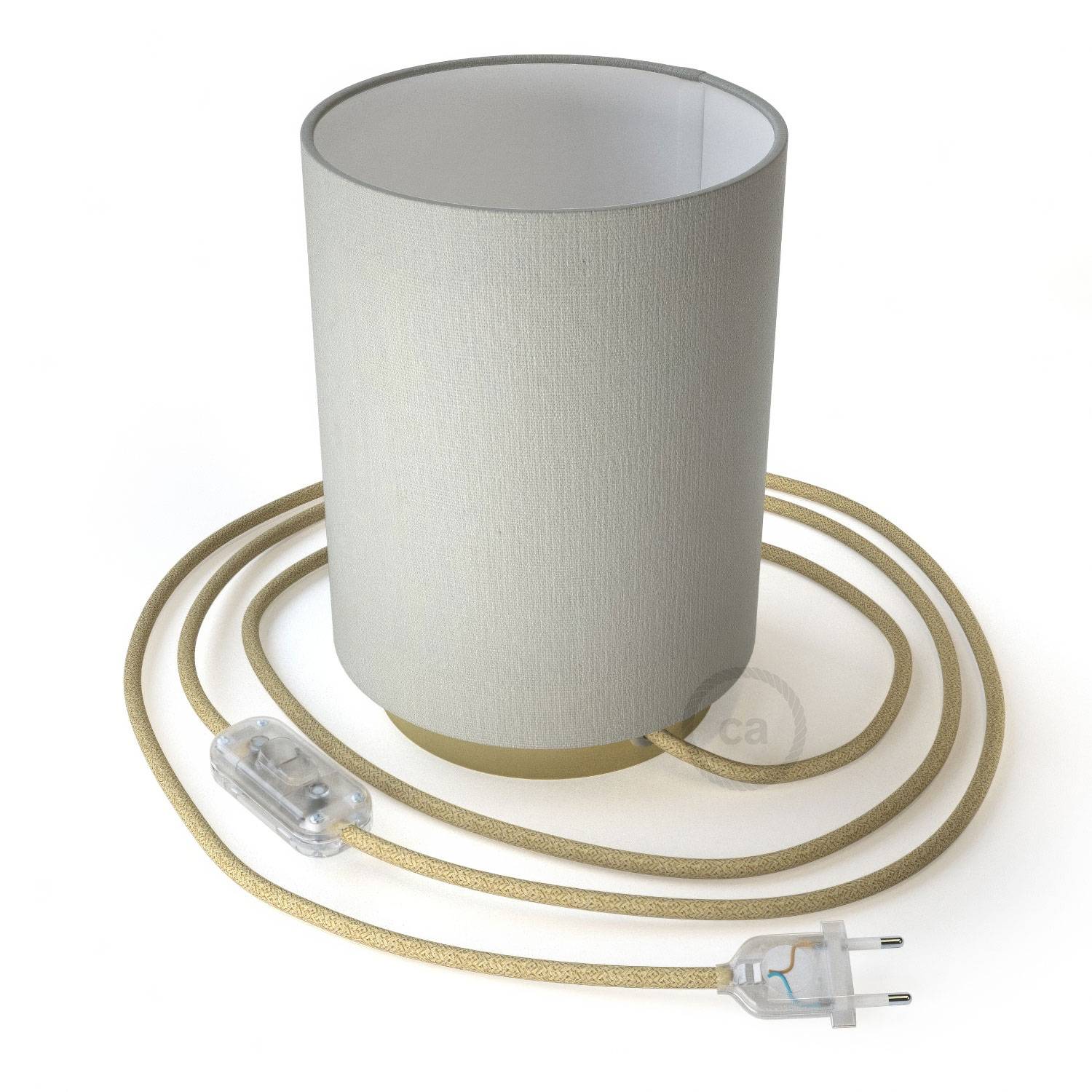 Lampe Posaluce en métal avec abat-jour Cilindro Linone Blanc, avec câble textile, interrupteur et prise bipolaire