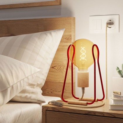 Taché Wood, lampe de table avec câble textile, interrupteur et fiche bipolaire
