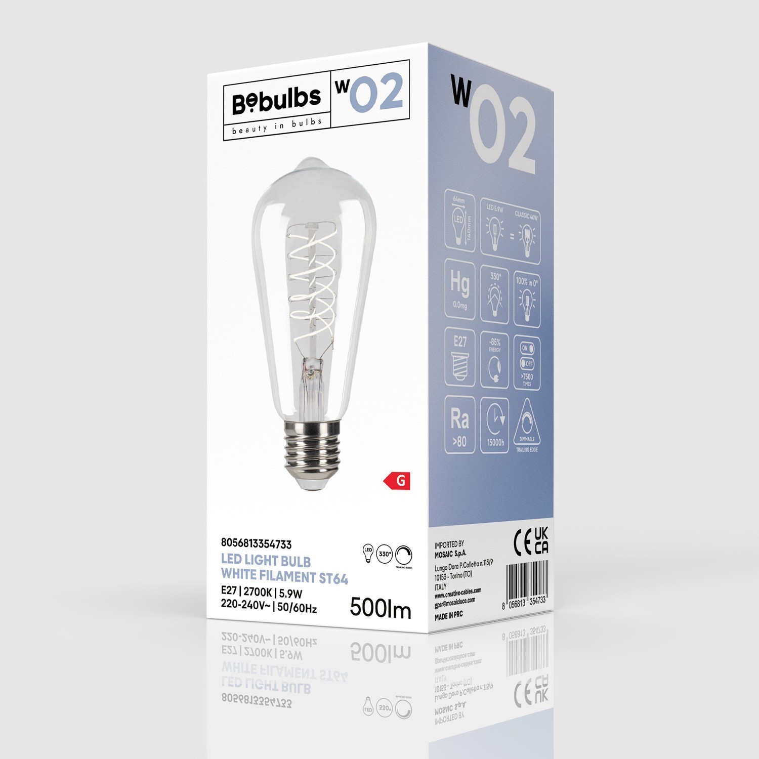Ampoule LED Filament Blanc Edison ST64 5,9W 500Lm E27 2700K Dimmable - W02
