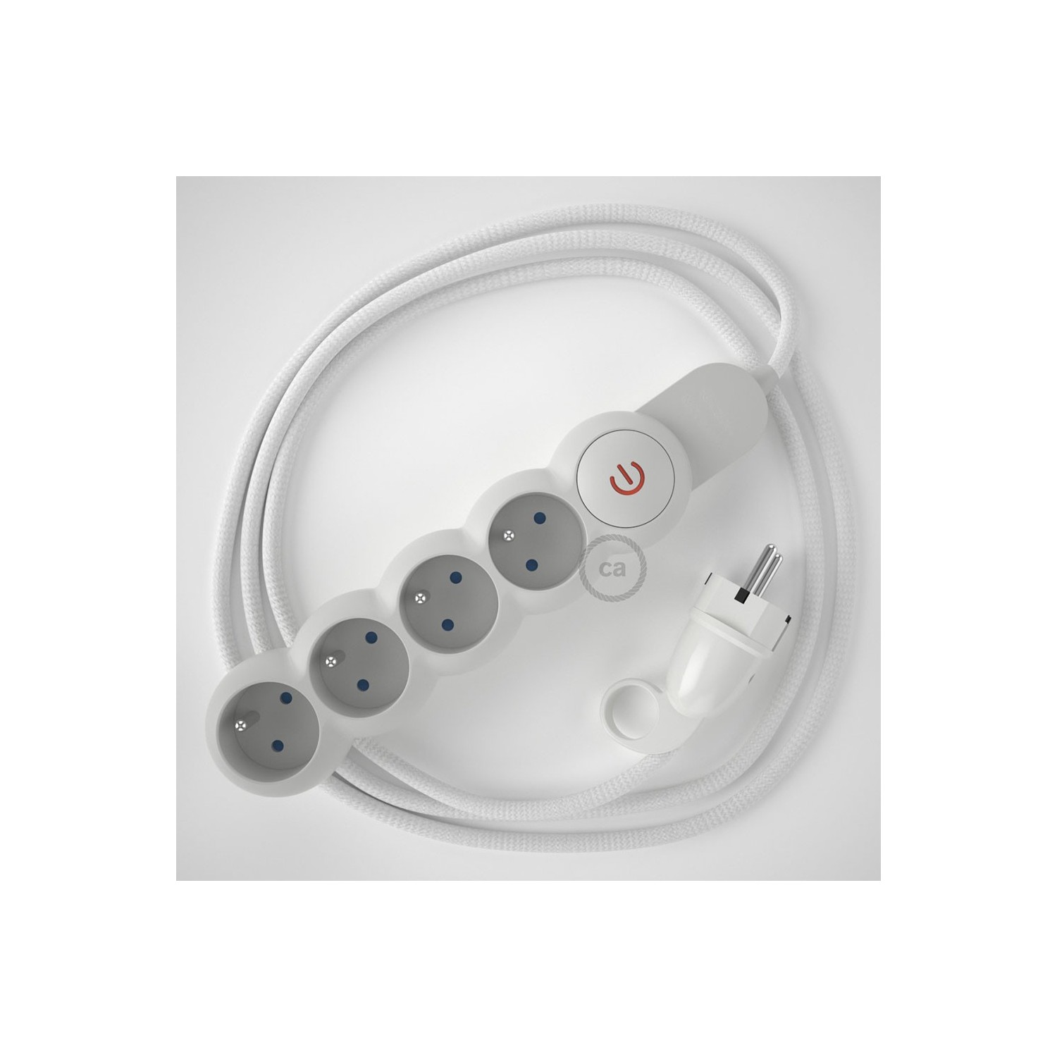 Bloc multiprise avec câble en tissu Effet Soie Blanc RM01 et fiche schuko avec anneau confort