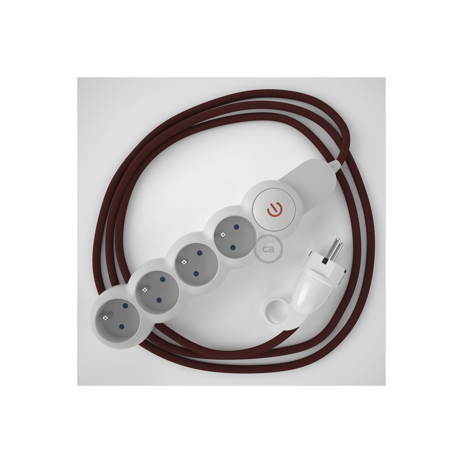 Bloc multiprise avec câble en tissu Effet Soie Bordeaux RM19 et fiche schuko avec anneau confort