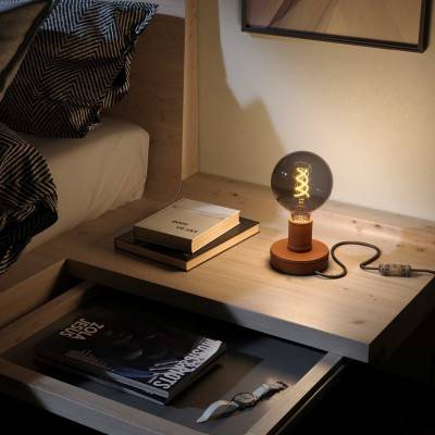 Posaluce Leather, lampe de table en bois fournie avec câble textile, interrupteur et prise bipolaire