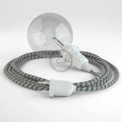 "Snake" hanglamp met extra lang strijkijzersnoer strepen motief antraciet linnen en katoen RD54