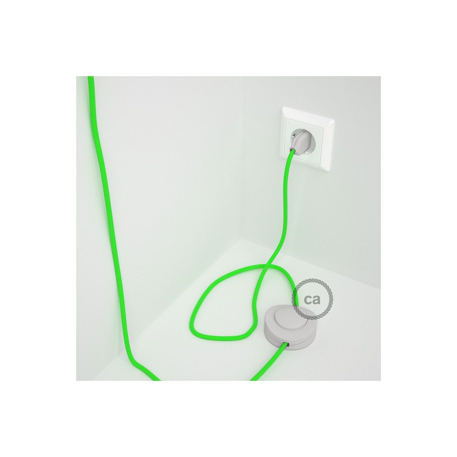 Cordon pour lampadaire, câble RF06 Effet Soie Vert Fluo 3 m. Choisissez la couleur de la fiche et de l'interrupteur!