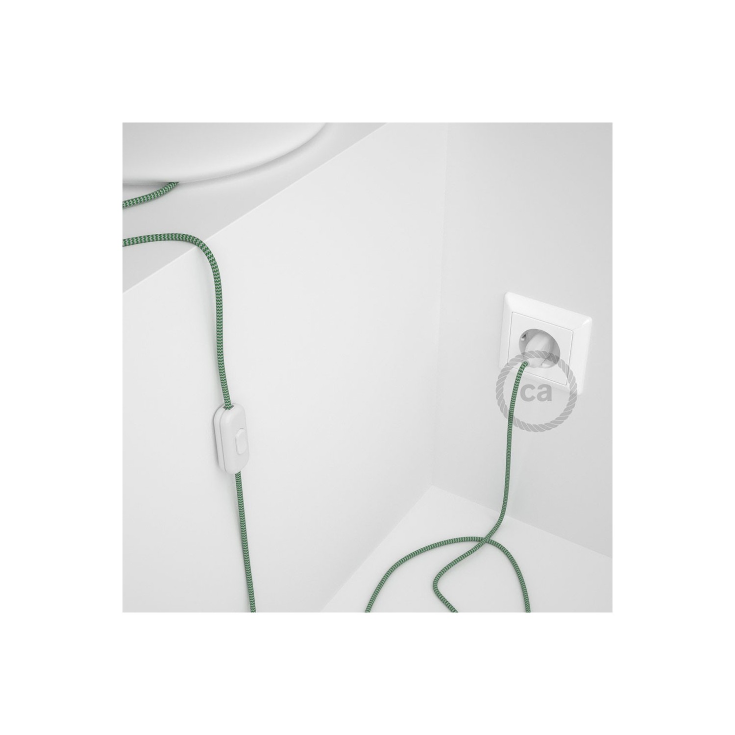 Cordon pour lampe, câble RZ06 Effet Soie ZigZag Blanc-Vert 1,80 m. Choisissez la couleur de la fiche et de l'interrupteur!