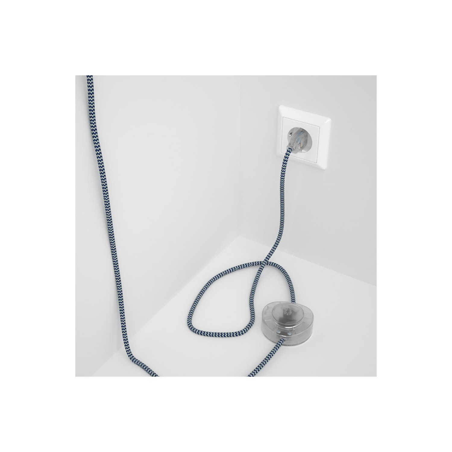 Cordon pour lampadaire, câble RZ12 Effet Soie ZigZag Blanc-Bleu 3 m. Choisissez la couleur de la fiche et de l'interrupteur!
