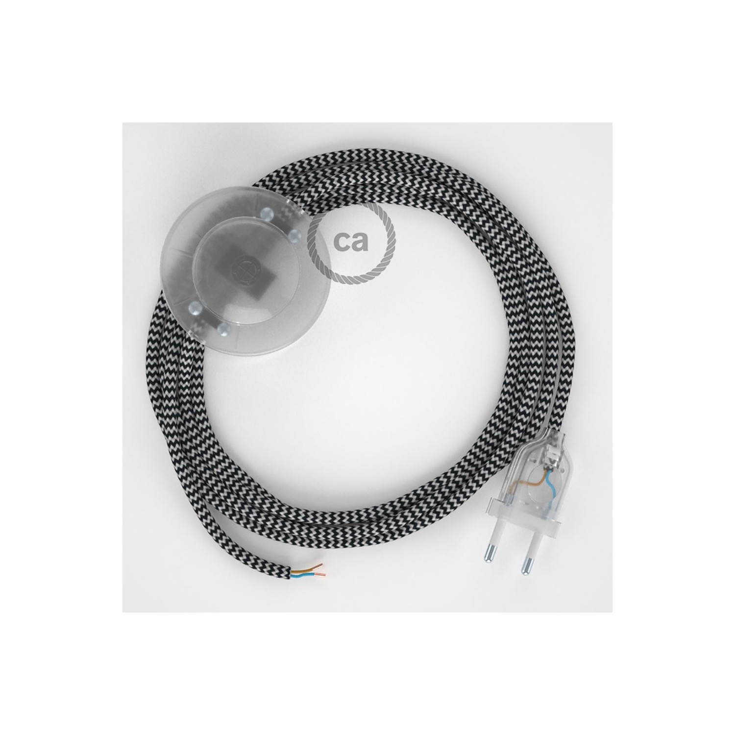 Cordon pour lampadaire, câble RZ04 Effet Soie ZigZag Blanc-Noir 3 m. Choisissez la couleur de la fiche et de l'interrupteur!
