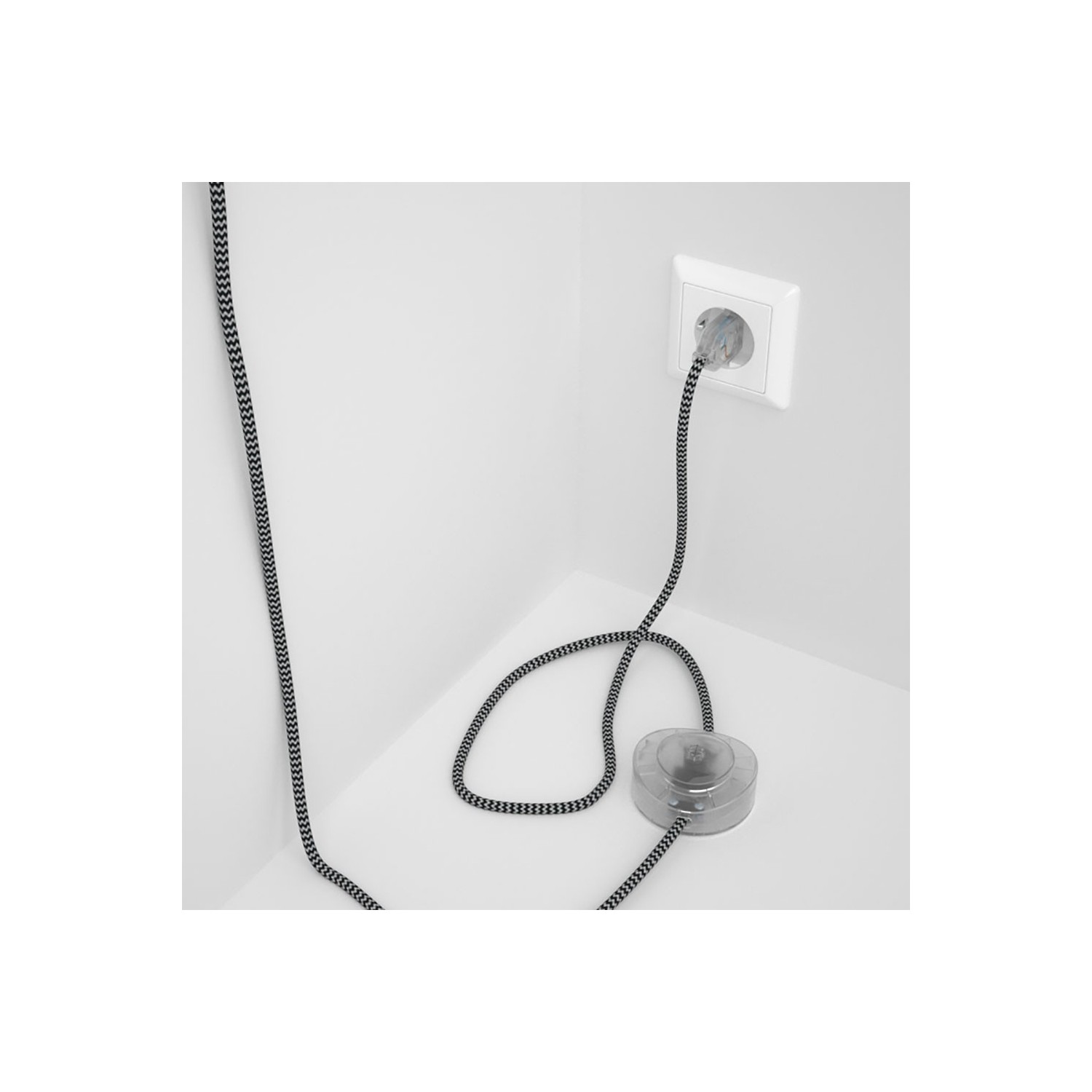 Cordon pour lampadaire, câble RZ04 Effet Soie ZigZag Blanc-Noir 3 m. Choisissez la couleur de la fiche et de l'interrupteur!