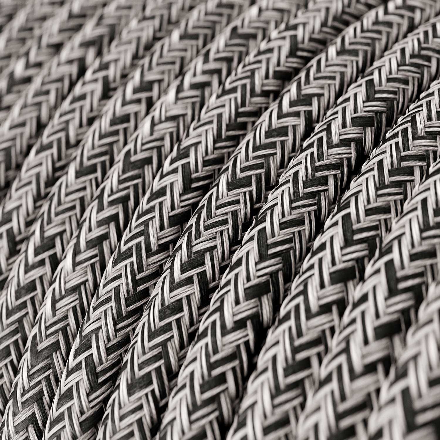 Rond flexibel strijkijzersnoer RS81 - geweven onyx tweed, natuurlijk linnen afgewerkt met glitter en zwart katoen