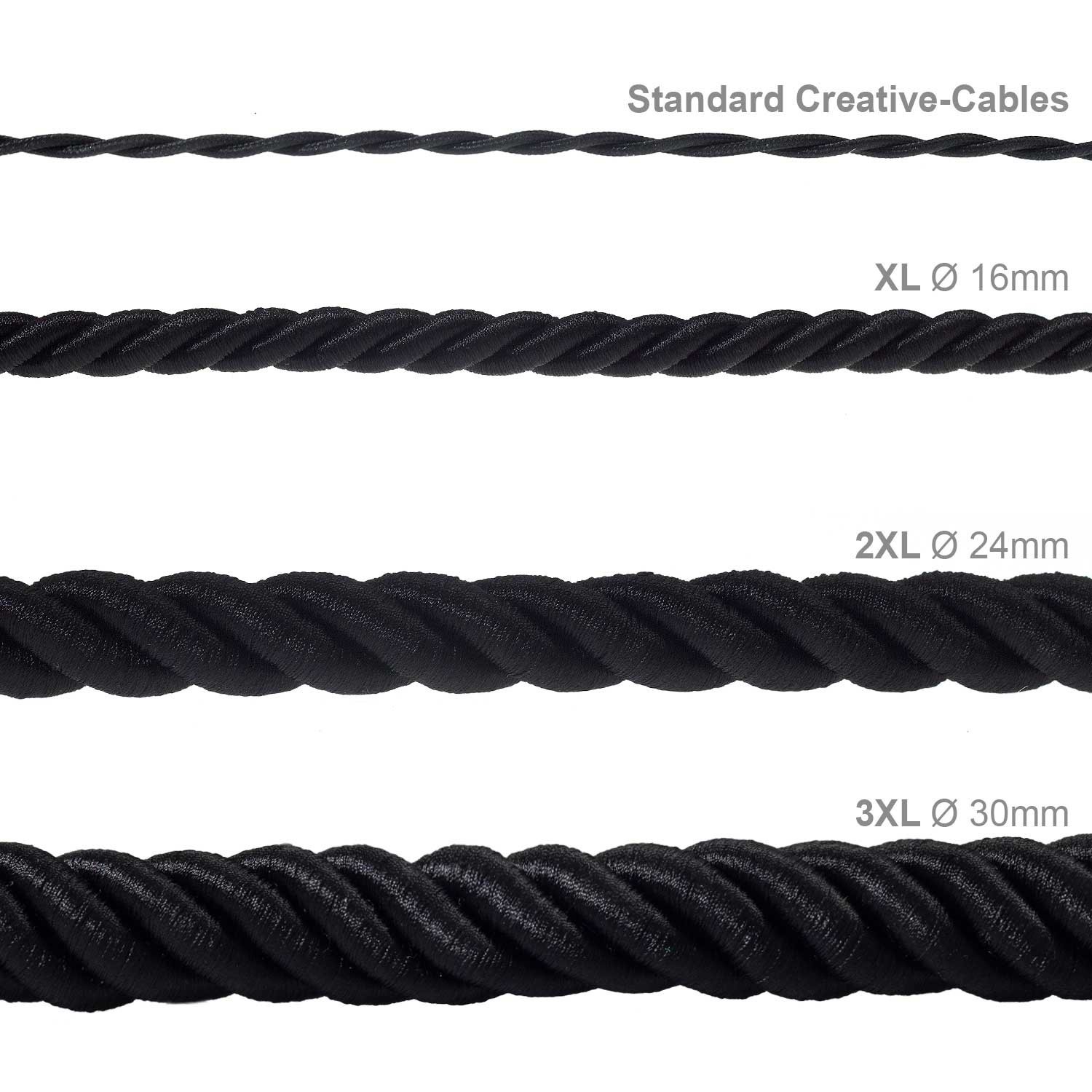 Corde 2XL, câble électrique 3x0,75. Revêtement en tissu noir brillant. Diamètre 24mm.