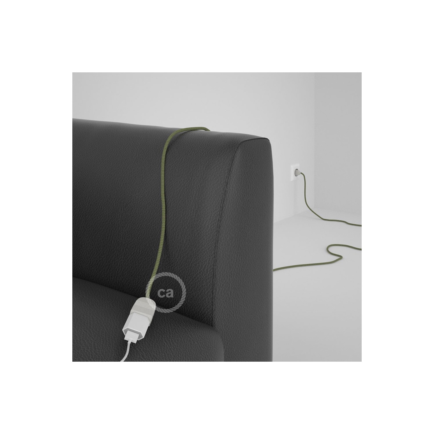 Rallonge électrique avec câble textile RD72 Coton et Lin Naturel ZigZag Vert Thym 2P 10A Made in Italy.