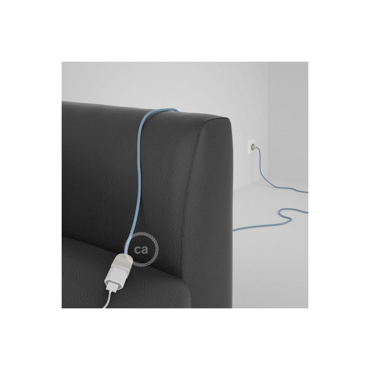Rallonge électrique avec câble textile RD75 Coton et Lin Naturel ZigZag Bleu Steward 2P 10A Made in Italy.