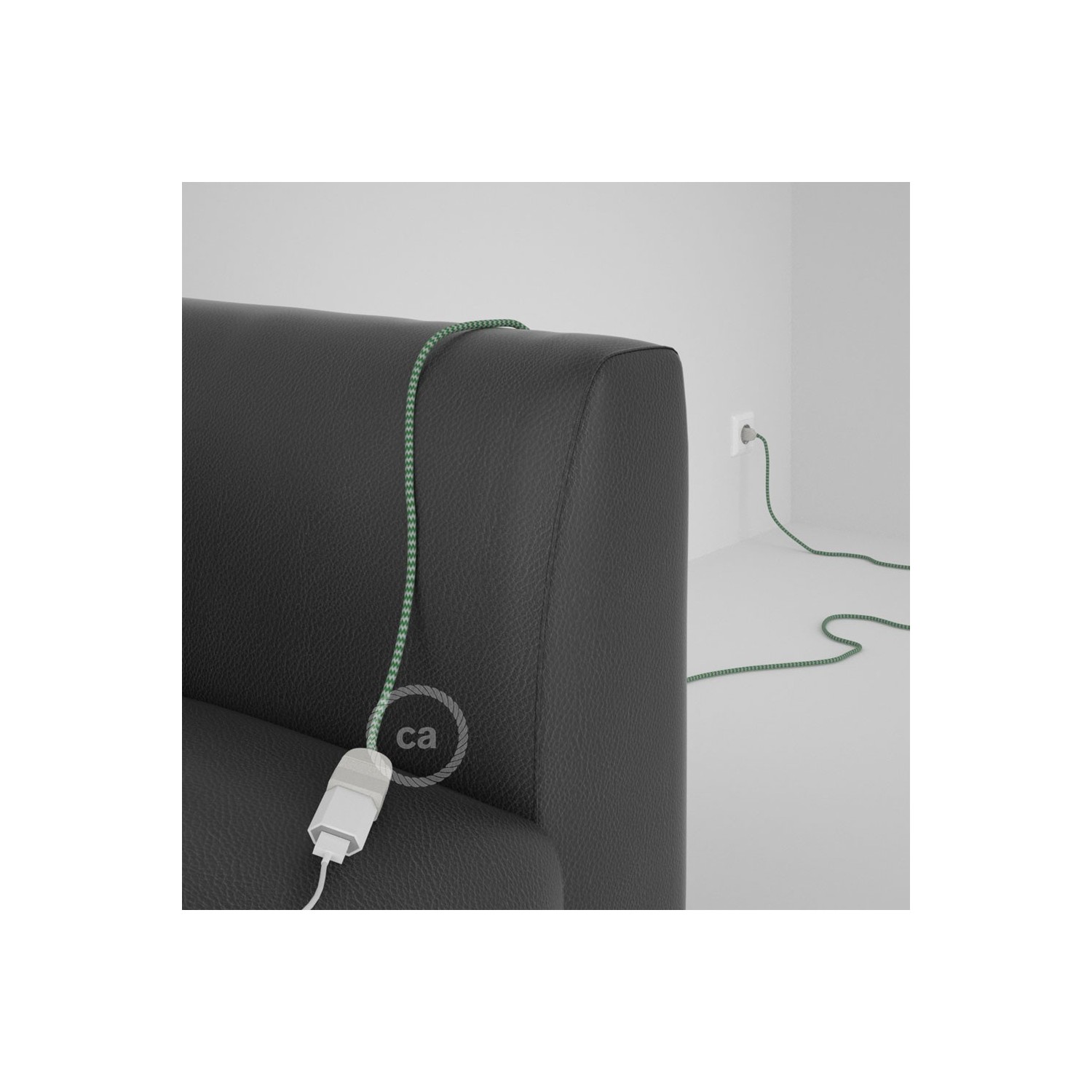 Rallonge électrique avec câble textile RZ06 Effet Soie ZigZag Blanc-Vert 2P 10A Made in Italy.