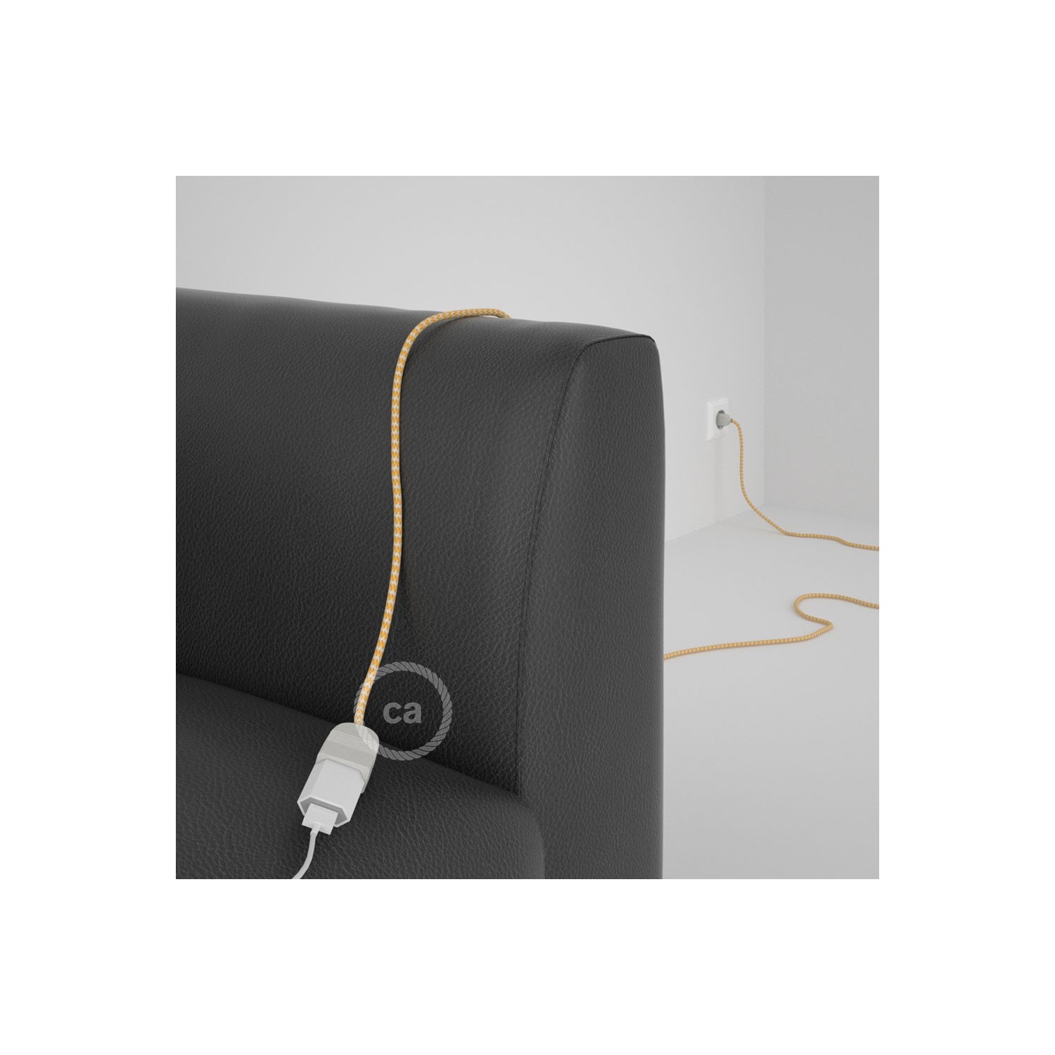 Rallonge électrique avec câble textile RZ10 Effet Soie ZigZag Blanc-Jaune 2P 10A Made in Italy.