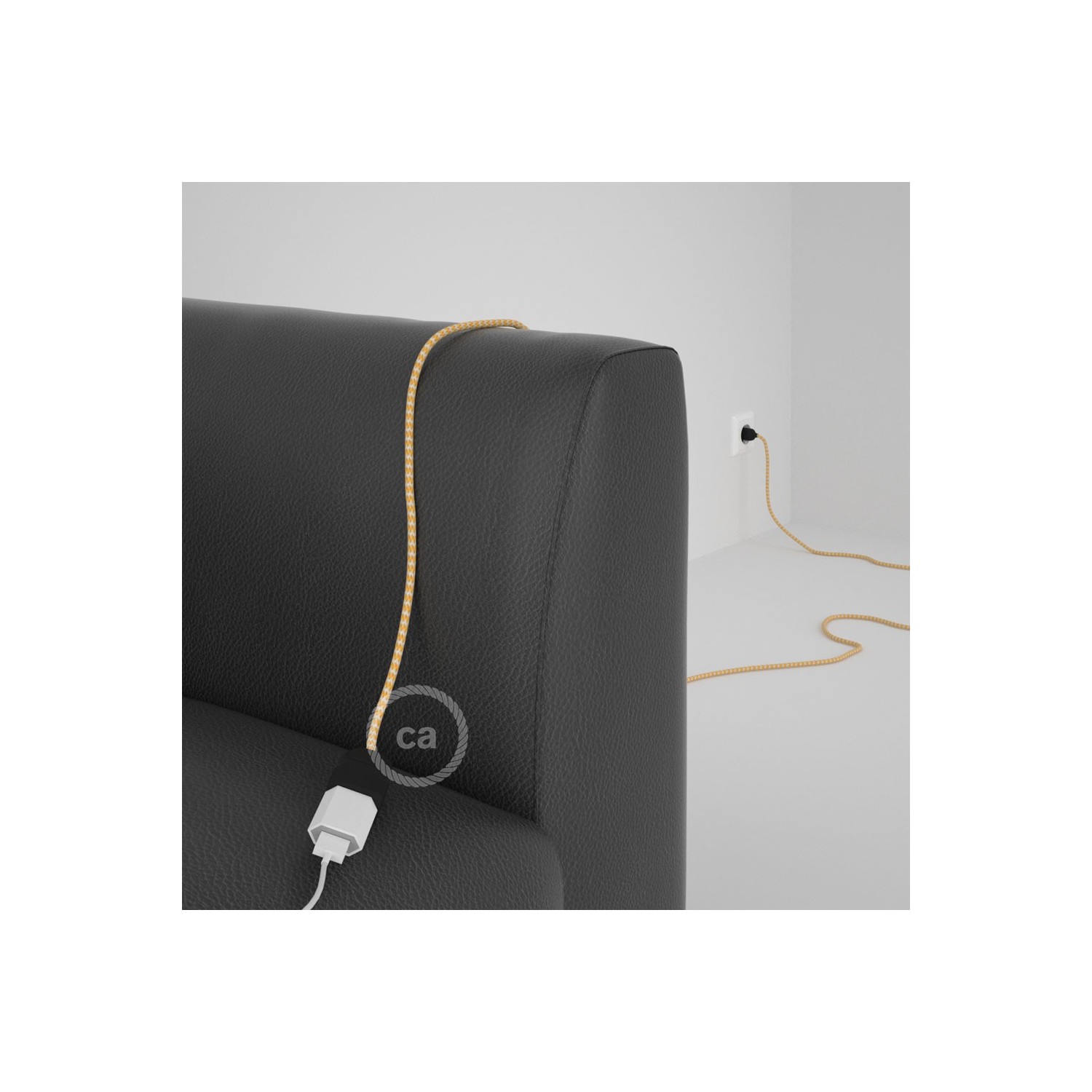 Rallonge électrique avec câble textile RZ10 Effet Soie ZigZag Blanc-Jaune 2P 10A Made in Italy.