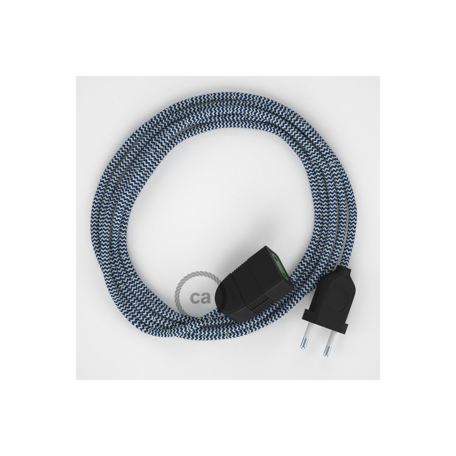 Rallonge électrique avec câble textile RZ12 Effet Soie ZigZag Blanc-Bleu 2P 10A Made in Italy.