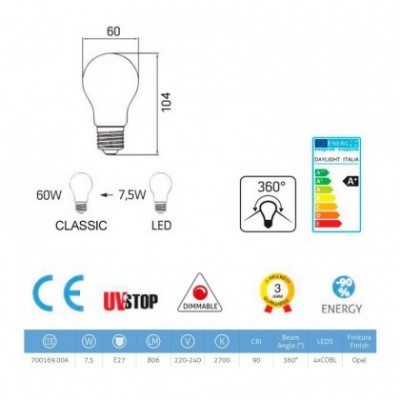 Ampoule LED blanc lait - Goutte A60 - 7,5W E27 Dimmable 2700K
