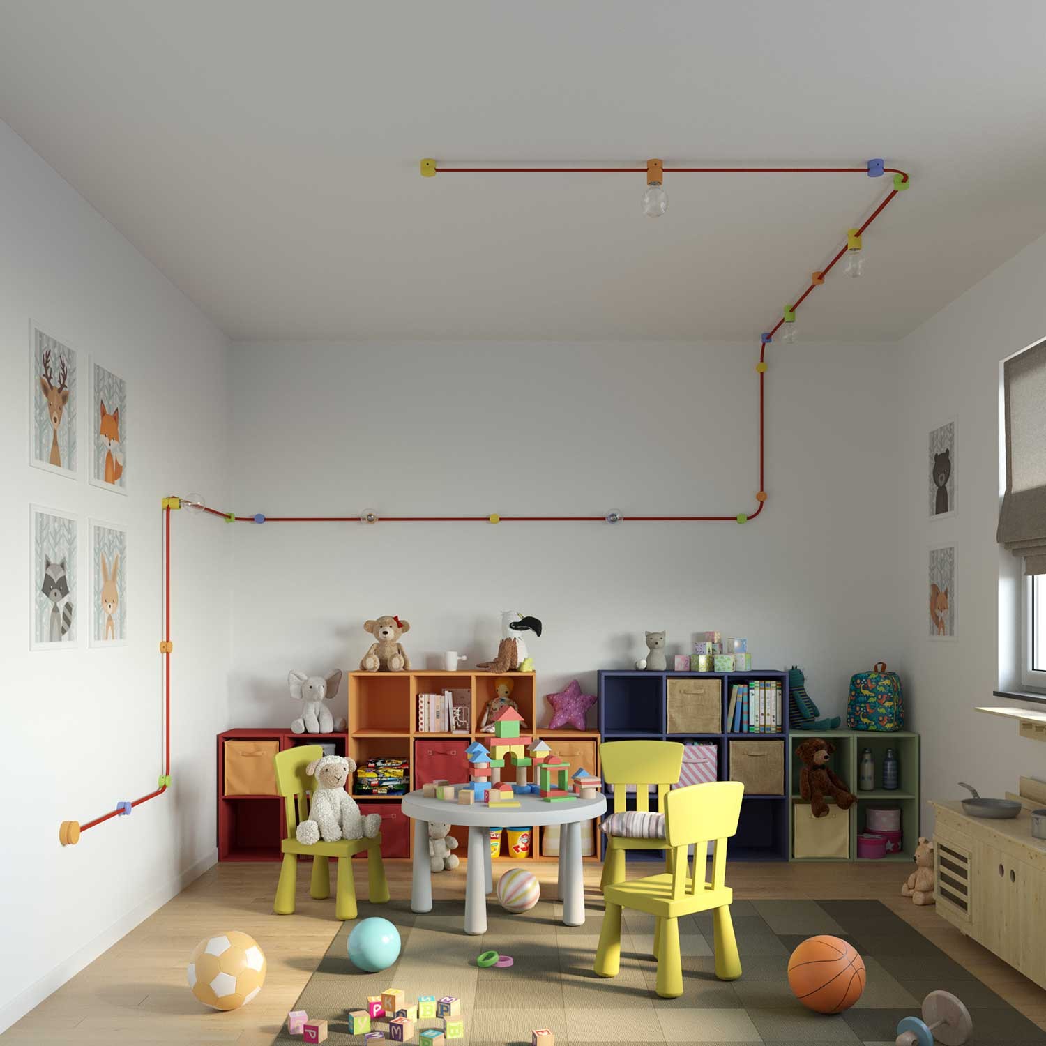 Fixation plafond en bois pour câbles de guirlandes lumineuses et Filé system. Fabriqué en Italie