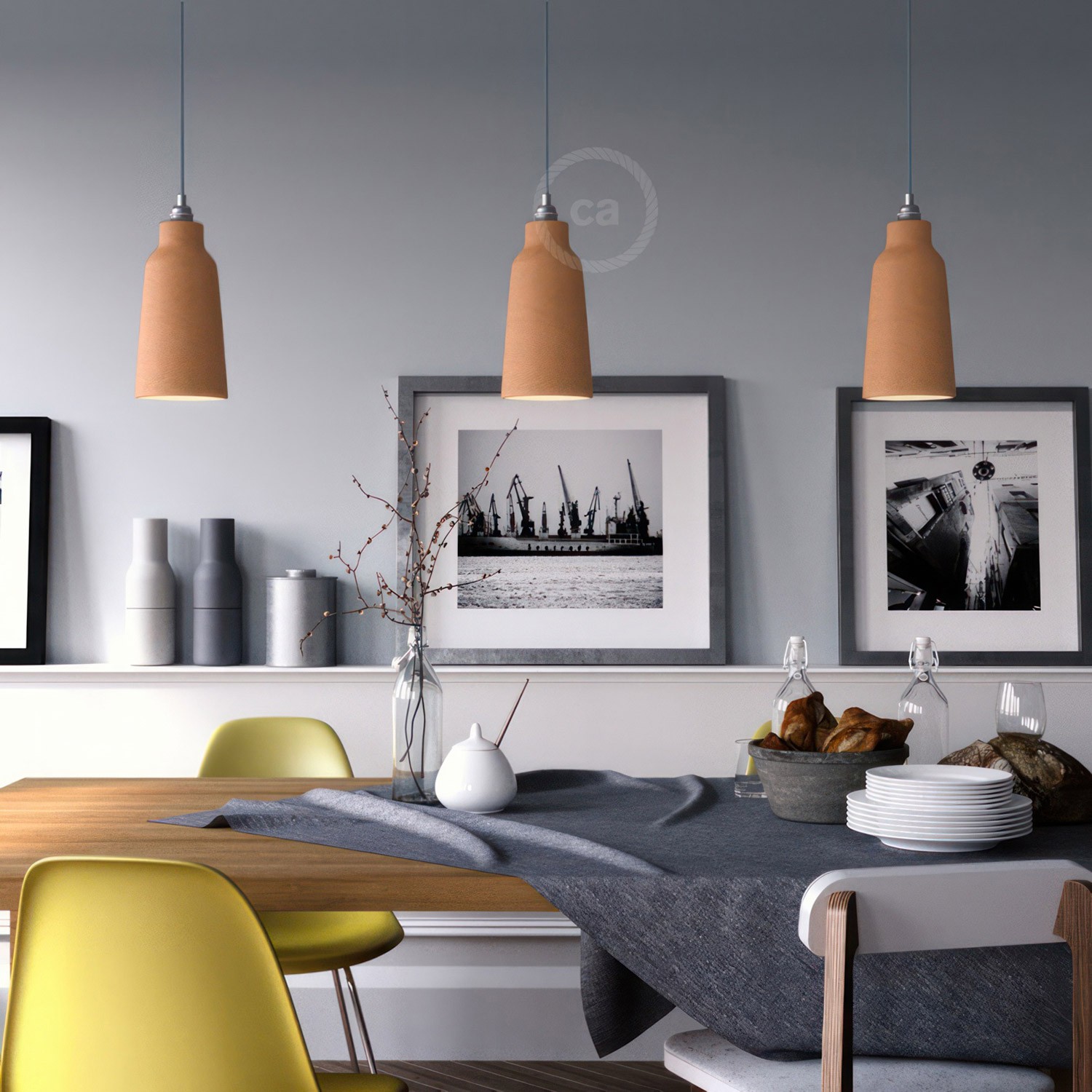 Pendant lamp with textile cable, Bottle ceramic lampshade and metal details - Made in Italy