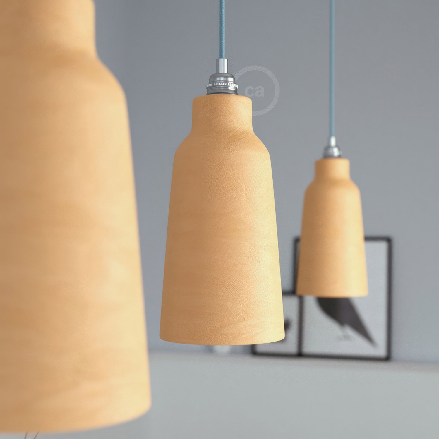 Pendant lamp with textile cable, Bottle ceramic lampshade and metal details - Made in Italy