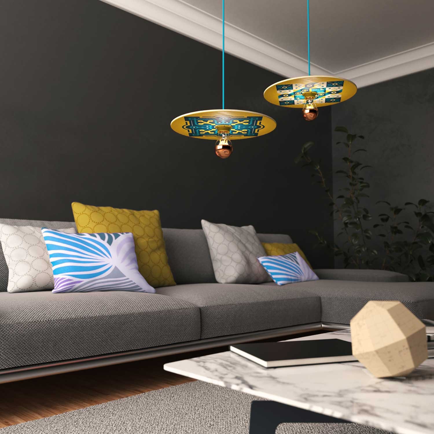 Pendant lamp with textile cable, UFO double-sided wooden lampshade and metal details - Made in Italy