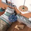 Pendant lamp with textile cable, UFO double-sided wooden lampshade and metal details - Made in Italy