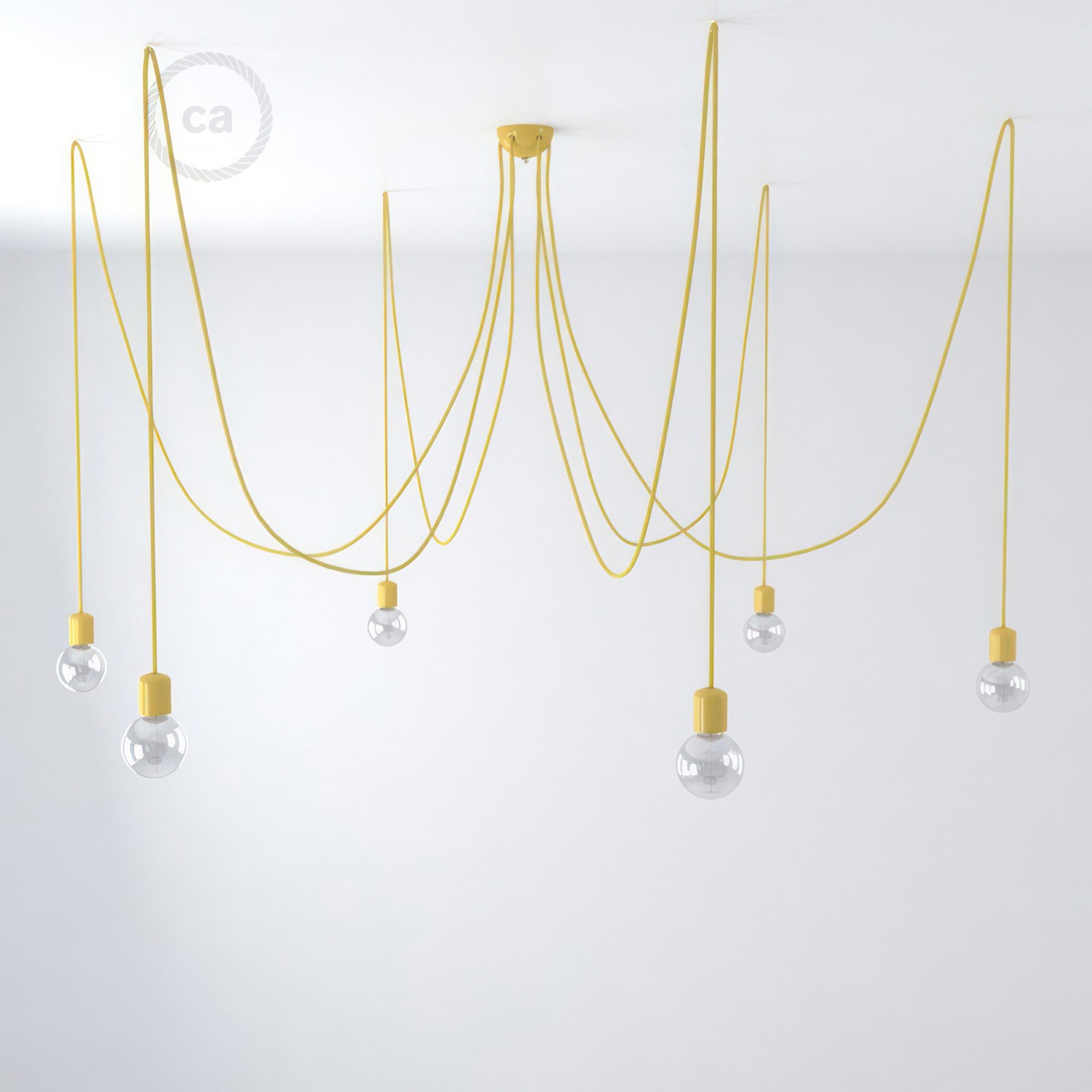 Made in Italy suspension with 6 pendants complete with bulbs, fabric cable, and coloured ceramic finishes